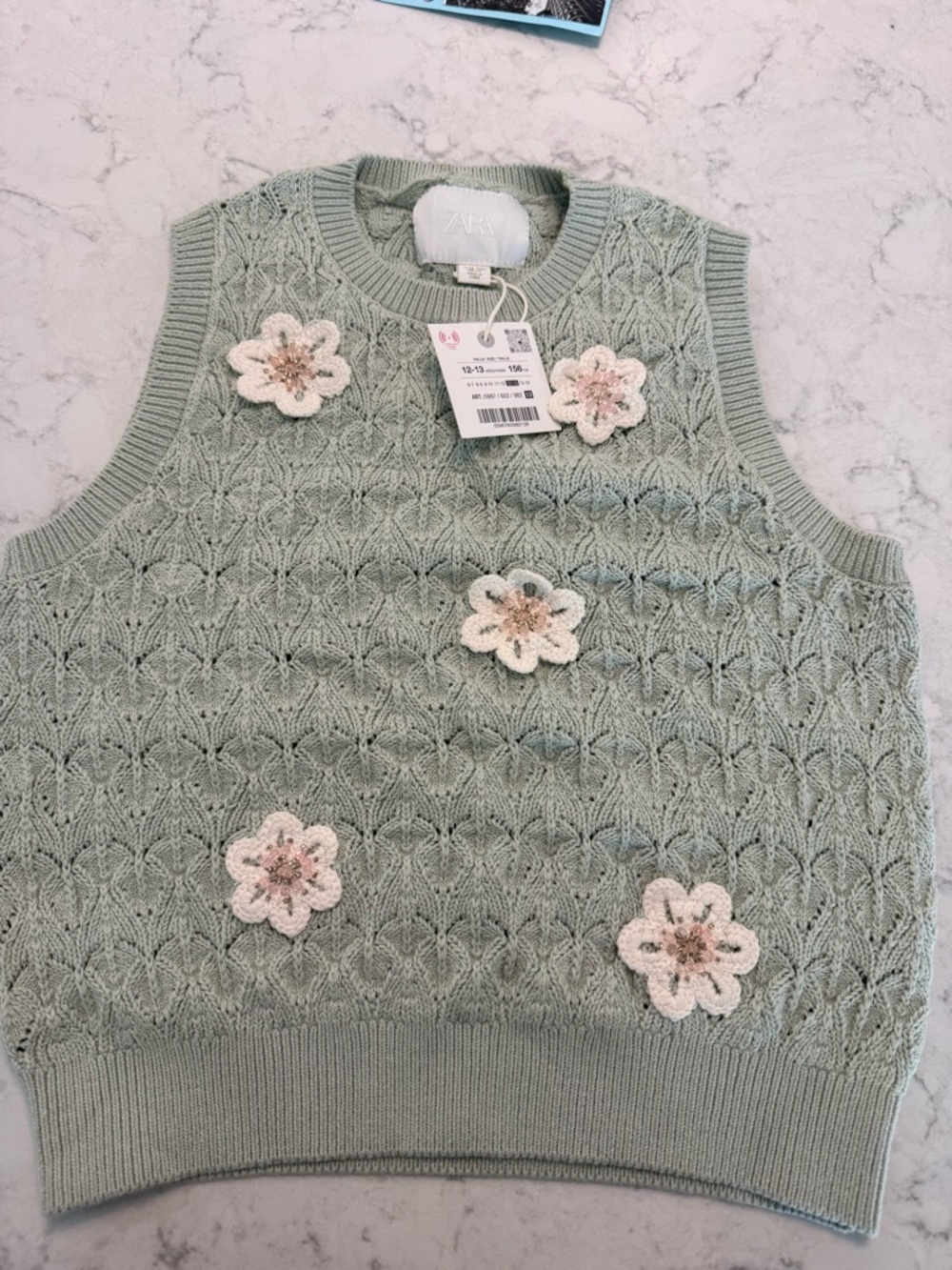 ZARA Mint Green Knit Sleeveless Sweater Vest with Cream Floral Appliqués
